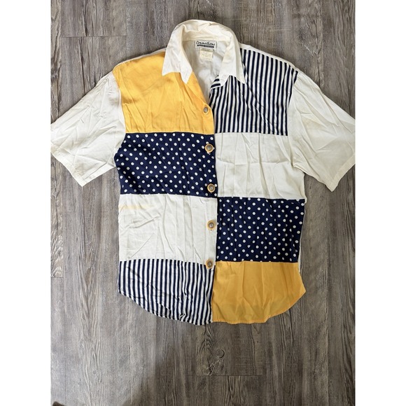 Connections Related Separates Other - Vintage Connections Men Yellow Navy Polka Dot Button Down Shirt Sz 16 L USA